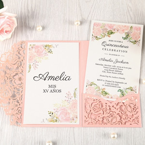 1 gab rozā sarkanā baltā bordo ar lāzergrieztu ziedu kabatas apsveikuma kartītes ar aploksni, pielāgotas ballītes kāzām