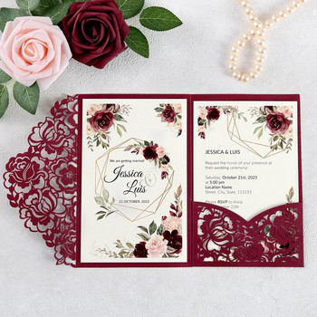 1 τεμ. Ροζ Κόκκινο Λευκό Βουργουνδία με φλοράλ κομμένο με λέιζερ ευχετήριες κάρτες με φάκελο Προσαρμοσμένο πάρτι Γάμος