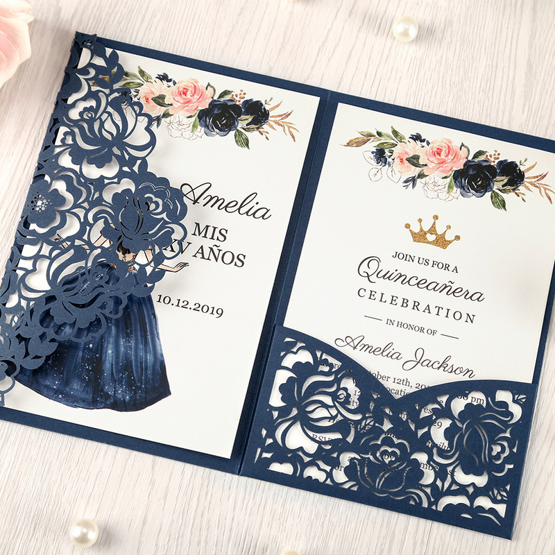 1 gab rozā sarkanā baltā bordo ar lāzergrieztu ziedu kabatas apsveikuma kartītes ar aploksni, pielāgotas ballītes kāzām