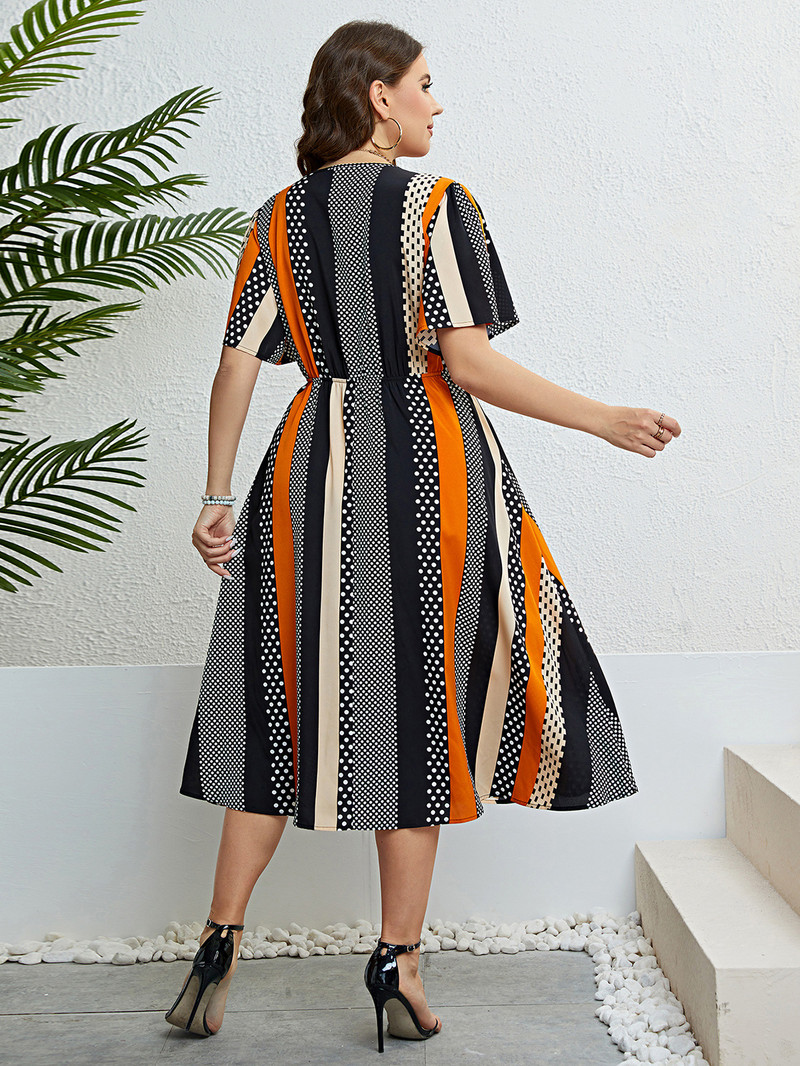 Nagy méretű női ruha pöttyös csíkos Boho nyári köntös rövid ujjú, rugalmas derékrés A vonal Swing Maxi ruhák Wvrap V nyakú napruha