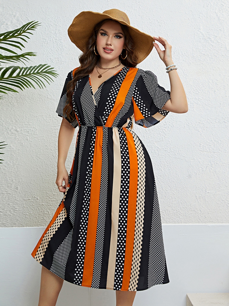 Nagy méretű női ruha pöttyös csíkos Boho nyári köntös rövid ujjú, rugalmas derékrés A vonal Swing Maxi ruhák Wvrap V nyakú napruha
