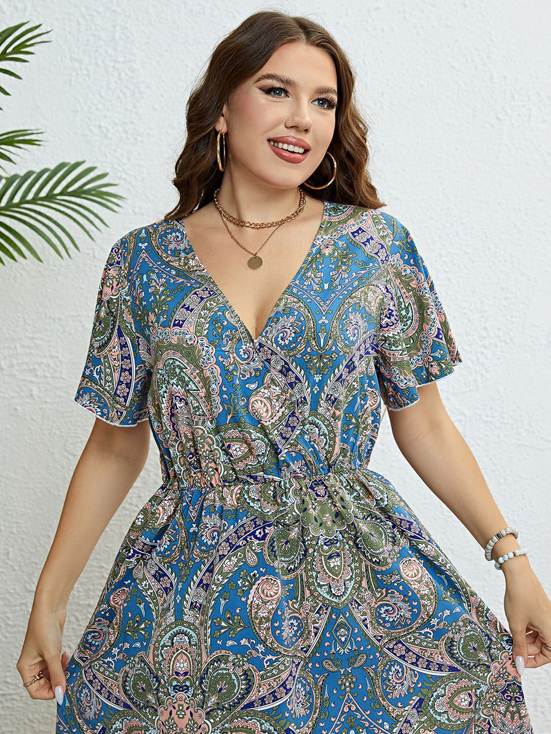 Liela izmēra vasaras sieviešu kleita ikdienišķa Boho kleitas ar ziediem apdrukām kleitas ar V kakla izgriezumu, īsām piedurknēm ar augstu elastīgu jostasvietu, halāts Maxi pludmales sauleskleita