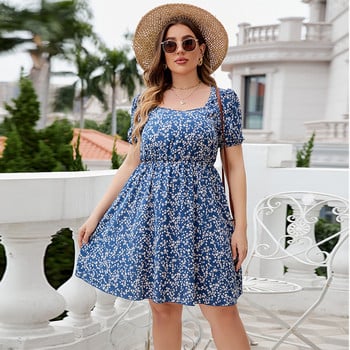 Φόρεμα Floral Print Plus Size Κομψό τετράγωνο λαιμό ελαστικό κοντομάνικο φορέματα στη μέση Μεγάλη ρόμπα σε γραμμή Α με ψηλή μέση για το καλοκαίρι