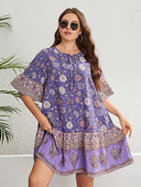 Γυναικεία φορέματα με λαιμόκοψη με λουλουδένιο στάμπα, κοντά μανίκια με βολάν, σε γραμμή Α Bohemia Robe Casual Lady Vacation Loose Ρούχα