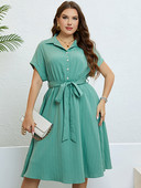Dámske letné šaty Plus Size s golierom a krátkymi rukávmi, jednofarebné, sťahovacie, na pláž, na dovolenku, na párty