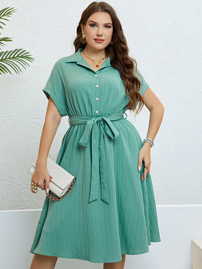 Dámske letné šaty Plus Size s golierom a krátkymi rukávmi, jednofarebné, sťahovacie, na pláž, na dovolenku, na párty