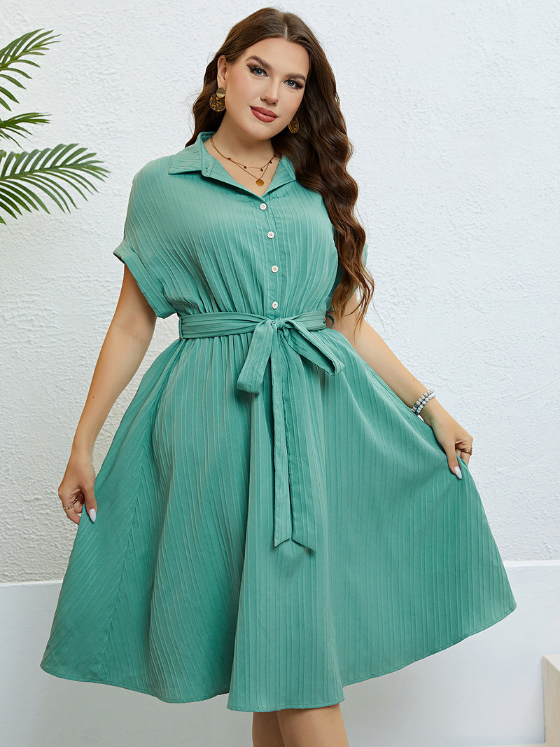 Dámske letné šaty Plus Size s golierom a krátkymi rukávmi, jednofarebné, sťahovacie, na pláž, na dovolenku, na párty