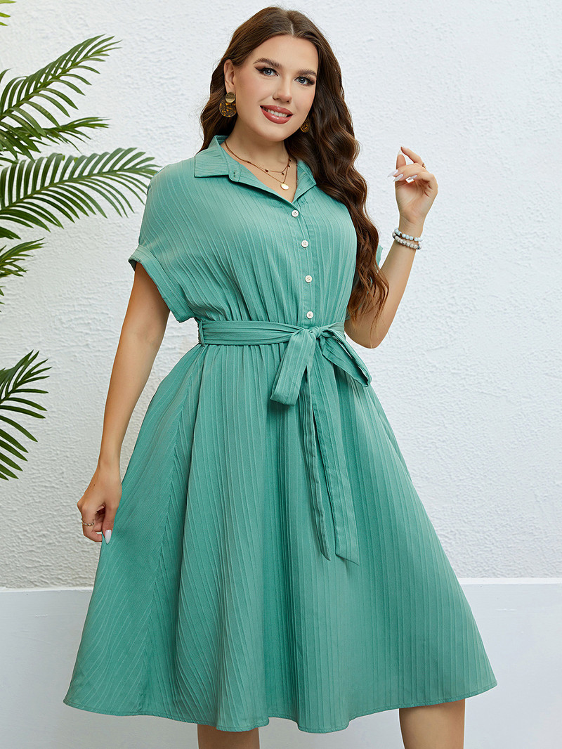Dámske letné šaty Plus Size s golierom a krátkymi rukávmi, jednofarebné, sťahovacie, na pláž, na dovolenku, na párty