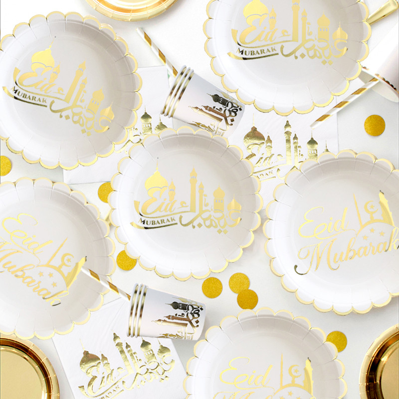 Ramadano Eid Mubarako vakarienės lėkštės Desertų lėkštės Puodeliai Ramadan Kareem 2023 Eid Mubarak reklamjuostės Islamo musulmonų vakarėlio reikmenys