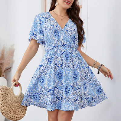 Suures suuruses V-kaelusega naiste kleit lühikeste volangidega varrukatega prindiga hommikumantel A-joonega kiikkleit naiste suvine kontori-daami elegantne peoriietus