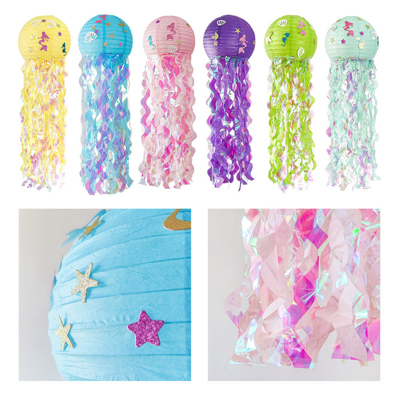 Lanternă de hârtie cu sirenă Lanterne de meduze agățate cu sclipici cu autocolante de sirenă Zi de naștere pentru fete Baby Shower Petrecere tematică pe ocean