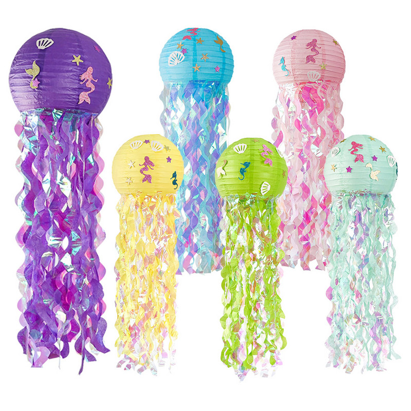 Lanternă de hârtie cu sirenă Lanterne de meduze agățate cu sclipici cu autocolante de sirenă Zi de naștere pentru fete Baby Shower Petrecere tematică pe ocean