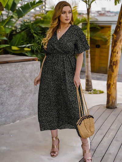 Nagy méretű, virágmintás női ruha Szexi, V nyakú, rövid ujjú ruhák Irodai női hosszú köntös Női nyári ruházati ruha