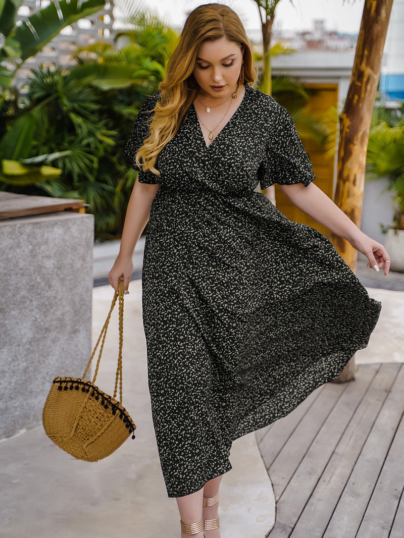 Nagy méretű, virágmintás női ruha Szexi, V nyakú, rövid ujjú ruhák Irodai női hosszú köntös Női nyári ruházati ruha