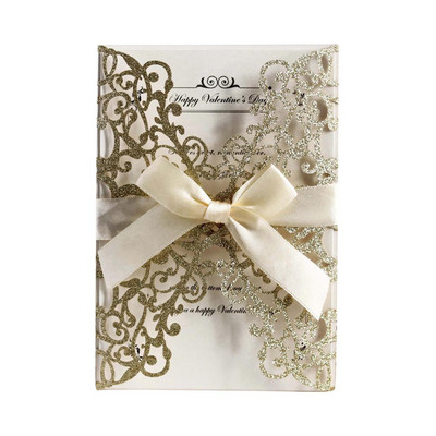 Új forró, 10 DB lézerrel vágott esküvői meghívókártyák Bowknot csillogó meghívókártya európai stílusú ünnepi üdvözlőlap borító