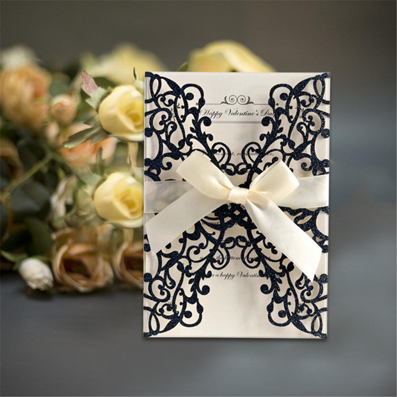 Új forró, 10 DB lézerrel vágott esküvői meghívókártyák Bowknot csillogó meghívókártya európai stílusú ünnepi üdvözlőlap borító