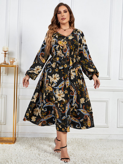 Rochie de vară de dimensiuni plus mari pentru femei, cu decolteu în V, centură în talie, halat cu imprimeu floral, rochii leagăn, mâneci, rochie de soare lungă pentru femei, îmbrăcăminte pentru femei