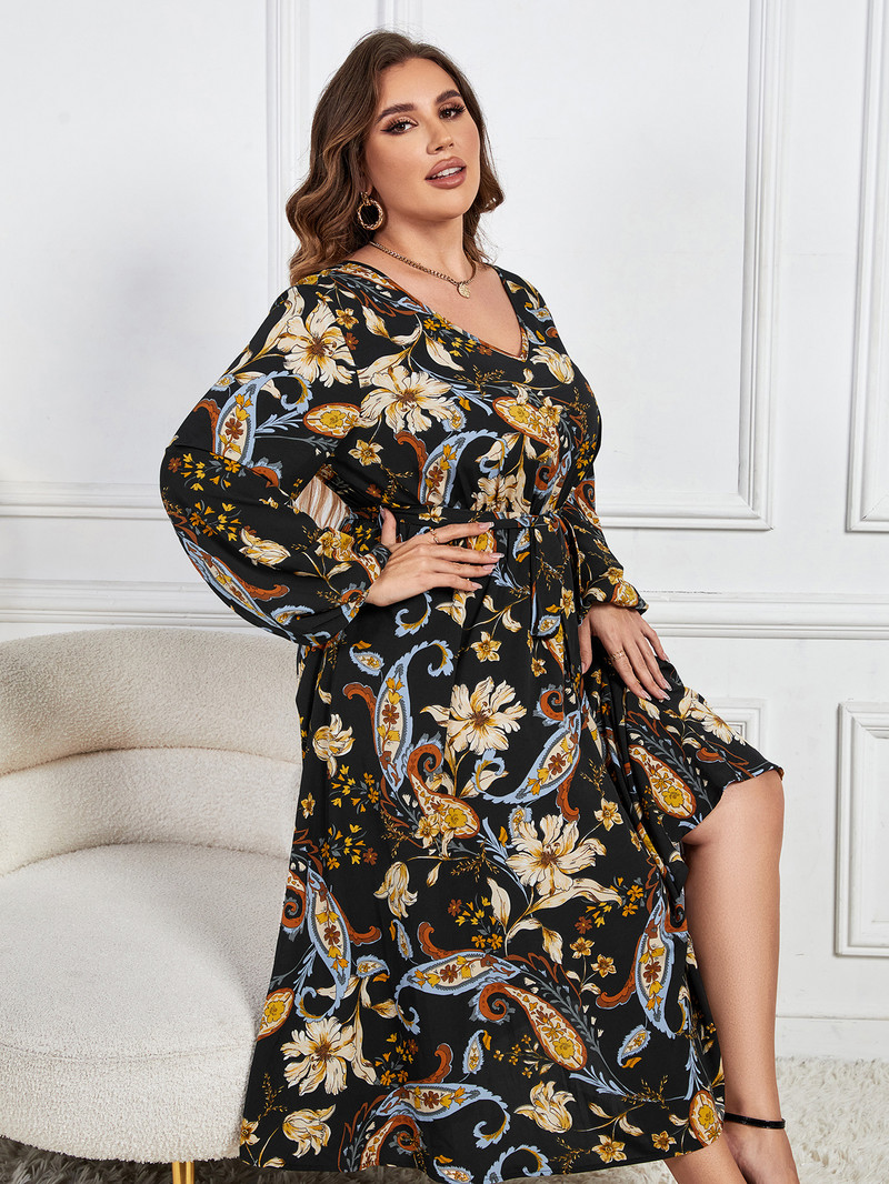 Rochie de vară de dimensiuni plus mari pentru femei, cu decolteu în V, centură în talie, halat cu imprimeu floral, rochii leagăn, mâneci, rochie de soare lungă pentru femei, îmbrăcăminte pentru femei