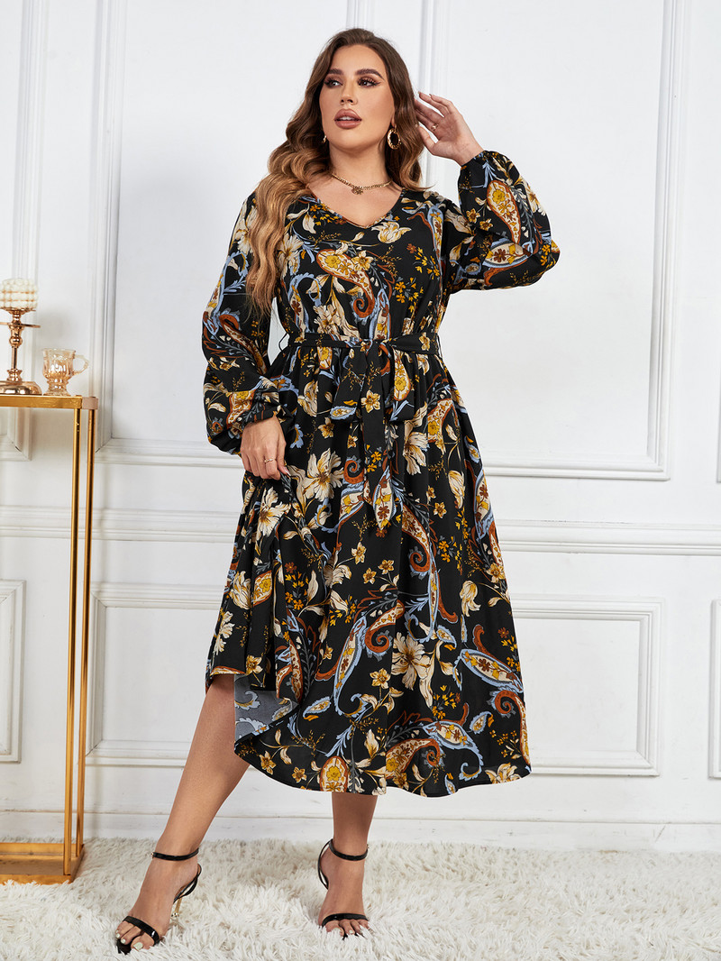 Rochie de vară de dimensiuni plus mari pentru femei, cu decolteu în V, centură în talie, halat cu imprimeu floral, rochii leagăn, mâneci, rochie de soare lungă pentru femei, îmbrăcăminte pentru femei