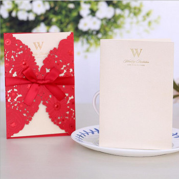 1 τεμ. Δείγμα Κόκκινη Κόψιμο με Λέιζερ Προσκλητήρια Γάμου Κομψό Δαντελένιο Ευχετήριες Κάρτες Κάλυμμα με Κορδέλα Διακόσμηση Μπομπονιέρα Γάμου