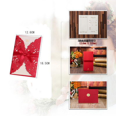 1 gab. Sarkans lāzergrieztu kāzu ielūgumu kartītes paraugs Eleganta mežģīņu apsveikuma kartīšu vāks ar lenti kāzu ballītes labvēlības noformējums