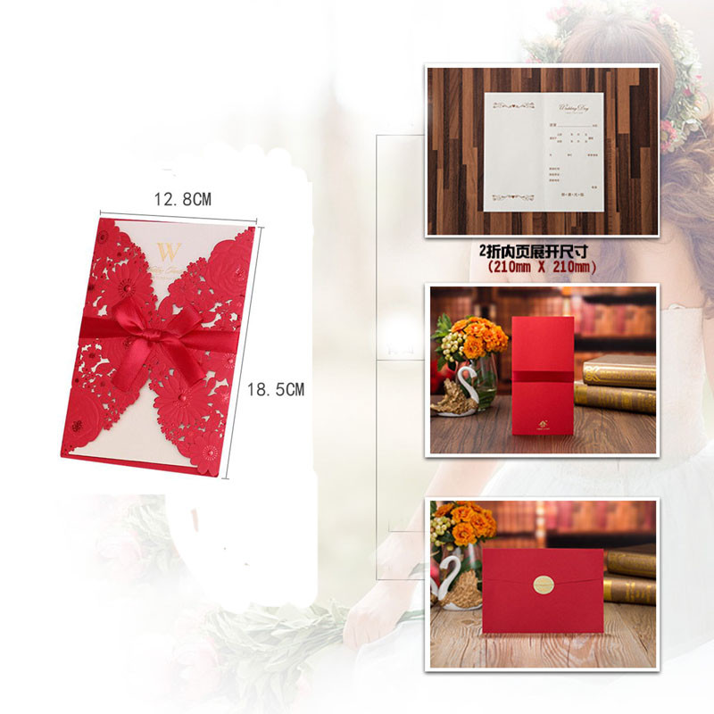 1 gab. Sarkans lāzergrieztu kāzu ielūgumu kartītes paraugs Eleganta mežģīņu apsveikuma kartīšu vāks ar lenti kāzu ballītes labvēlības noformējums