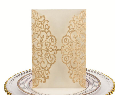 1 gab. Dobu lāzergrieztu mirdzošu rožzelta papīra kāzu ielūgumu kartītes ar reljefu vairumtirdzniecības apsveikuma kabatas ielūguma vāku