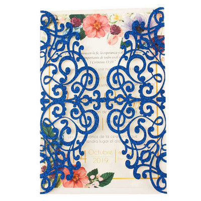 1 gab. Dobu lāzergrieztu mirdzošu rožzelta papīra kāzu ielūgumu kartītes ar reljefu vairumtirdzniecības apsveikuma kabatas ielūguma vāku