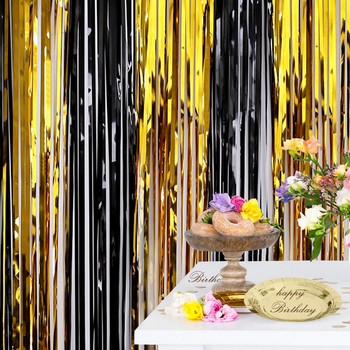 Декорации за парти за рожден ден Фон завеси Блясък Черно злато сърма ресни Фолио Фон завеса Сватба Възрастен Годишнина