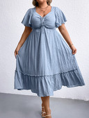 Nagy méretű, dörzsölt nyakkendő nyári női ruha fodros szegély V nyakú lengő ruhák hosszú alkalmi köntös rövid ujjú női ruha ruhák