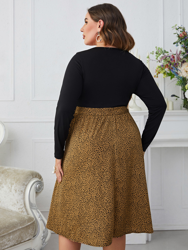 Liela izmēra sieviešu kleita ar izgriezumu ar apkakli, raibs leopards, A-līnijas krāsains bloks, garām piedurknēm, halāts viduklis, aukliņa, josta Sundress