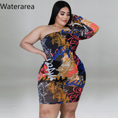 Waterarea lielizmēra rudens jauna sieviešu kleita, seksīga ar slīpiem pleciem Bodycon Vestido modes apdruka sieviešu minikleita Āfrika — 2021