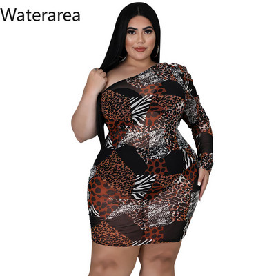 Waterarea lielizmēra rudens jauna sieviešu kleita, seksīga ar slīpiem pleciem Bodycon Vestido modes apdruka sieviešu minikleita Āfrika — 2021