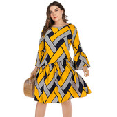 Rochie ocazională de dimensiuni plus pentru femei, vară 2022, cu mâneci lungi, în carouri, cu imprimeu în dungi, rochie midi în mozaic, tunică cu volane Rochii de plajă