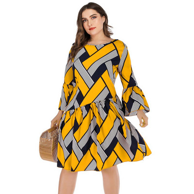 Rochie ocazională de dimensiuni plus pentru femei, vară 2022, cu mâneci lungi, în carouri, cu imprimeu în dungi, rochie midi în mozaic, tunică cu volane Rochii de plajă