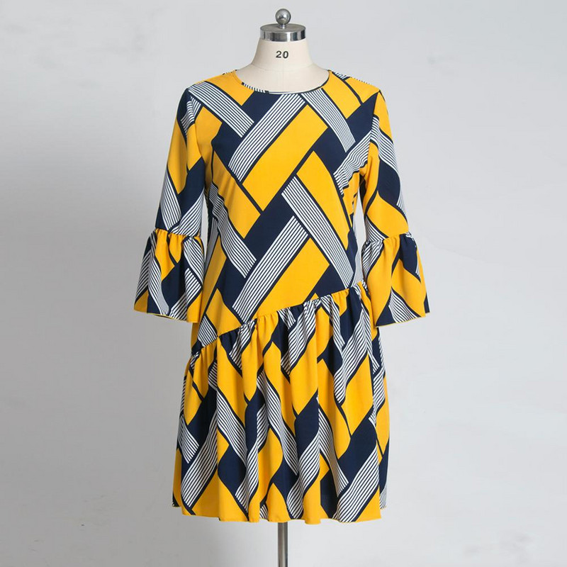 Rochie ocazională de dimensiuni plus pentru femei, vară 2022, cu mâneci lungi, în carouri, cu imprimeu în dungi, rochie midi în mozaic, tunică cu volane Rochii de plajă