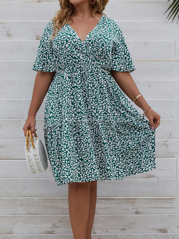 Suures suuruses kleit, naine 2023, uus suvine V kaelusega lühikeste varrukatega lillemustriga vabaaja midikleit kõrge vöökohaga šikkad elegantsed peokleidid