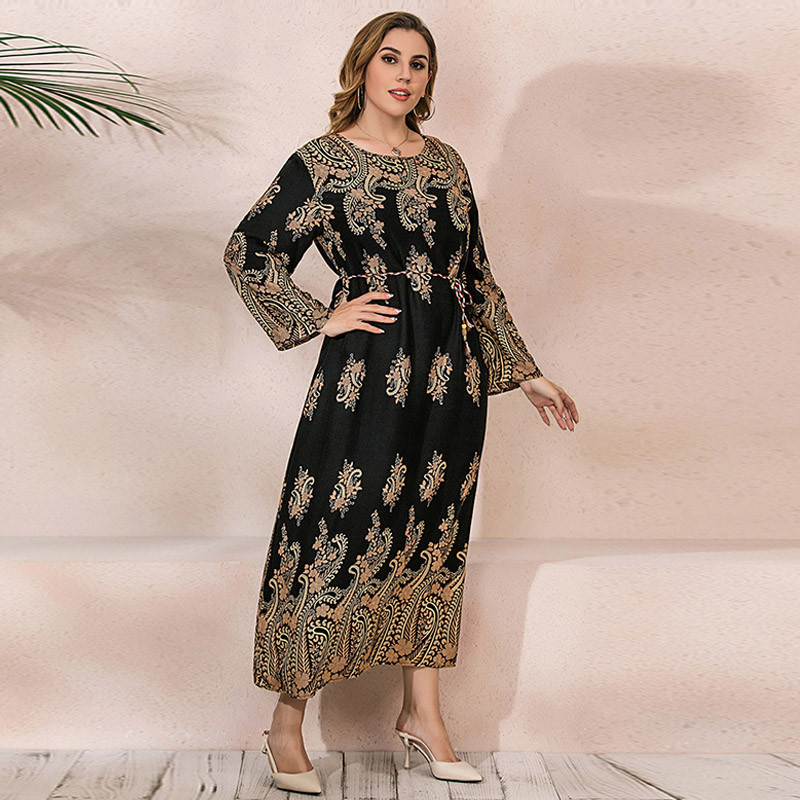 4XL 5XL Liela, liela musulmaņu kleita sievietēm 2022. gada pavasara rudens ar garām piedurknēm, retro apdruku, liela izmēra sieviešu apģērbs