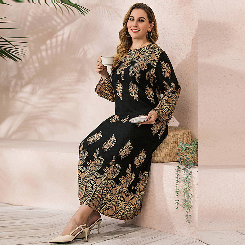 4XL 5XL Liela, liela musulmaņu kleita sievietēm 2022. gada pavasara rudens ar garām piedurknēm, retro apdruku, liela izmēra sieviešu apģērbs