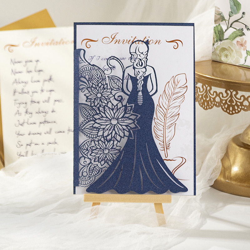 5 gab. Meiteņu silueta ielūguma kartīte Eiropas stila zelta apzīmogota svētības kartīte kāzu brīvdienu universālas apsveikuma kartītes