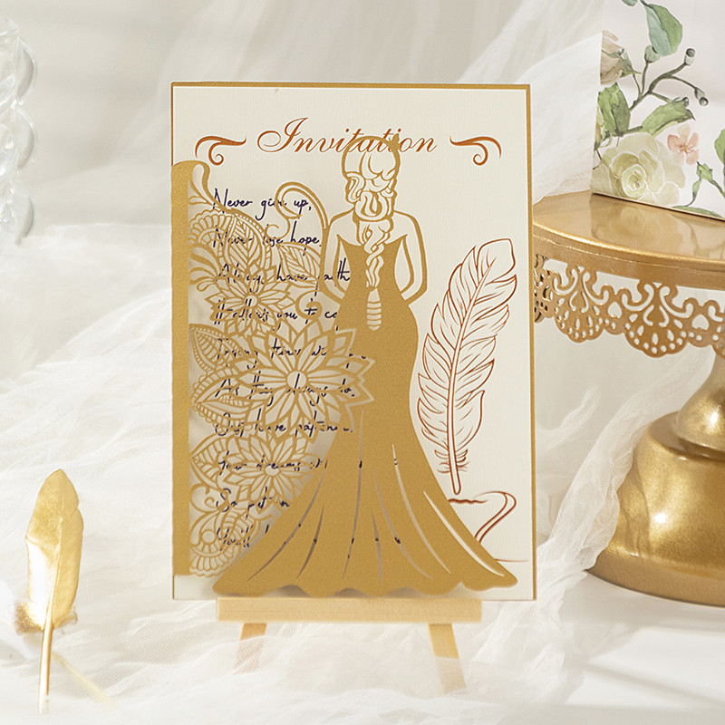 5 gab. Meiteņu silueta ielūguma kartīte Eiropas stila zelta apzīmogota svētības kartīte kāzu brīvdienu universālas apsveikuma kartītes