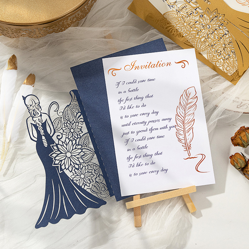 5 gab. Meiteņu silueta ielūguma kartīte Eiropas stila zelta apzīmogota svētības kartīte kāzu brīvdienu universālas apsveikuma kartītes