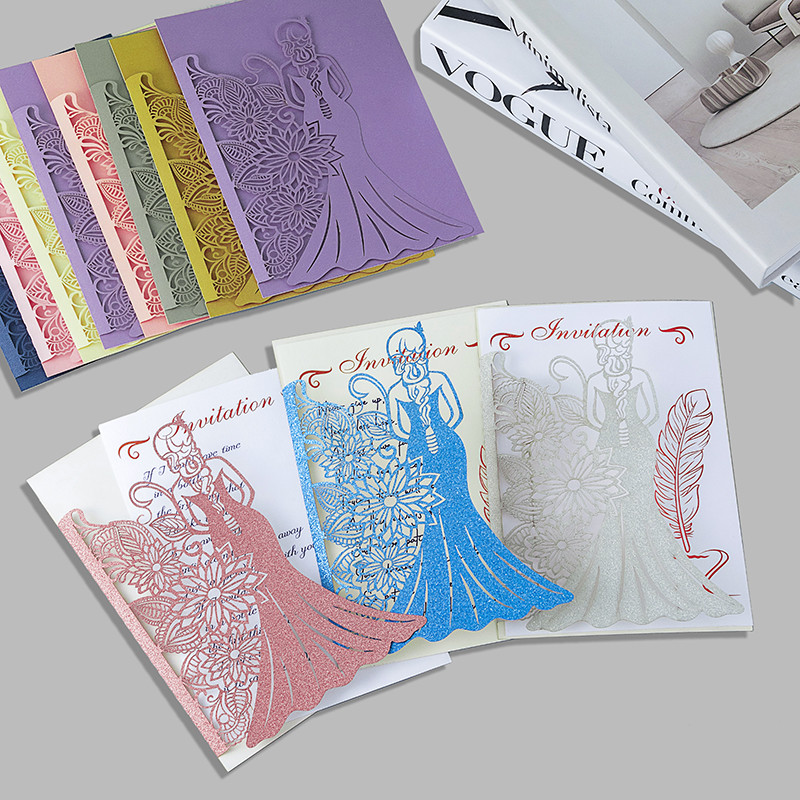 5 gab. Meiteņu silueta ielūguma kartīte Eiropas stila zelta apzīmogota svētības kartīte kāzu brīvdienu universālas apsveikuma kartītes