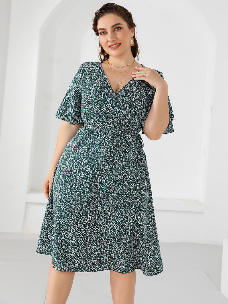 2022-es nyári alkalmi ruha, női, V nyakú, rövid ujjú, virágmintás becsomagolt ruha, nagy méretű maxi hosszú ruhák, nagy méretű női ruhák