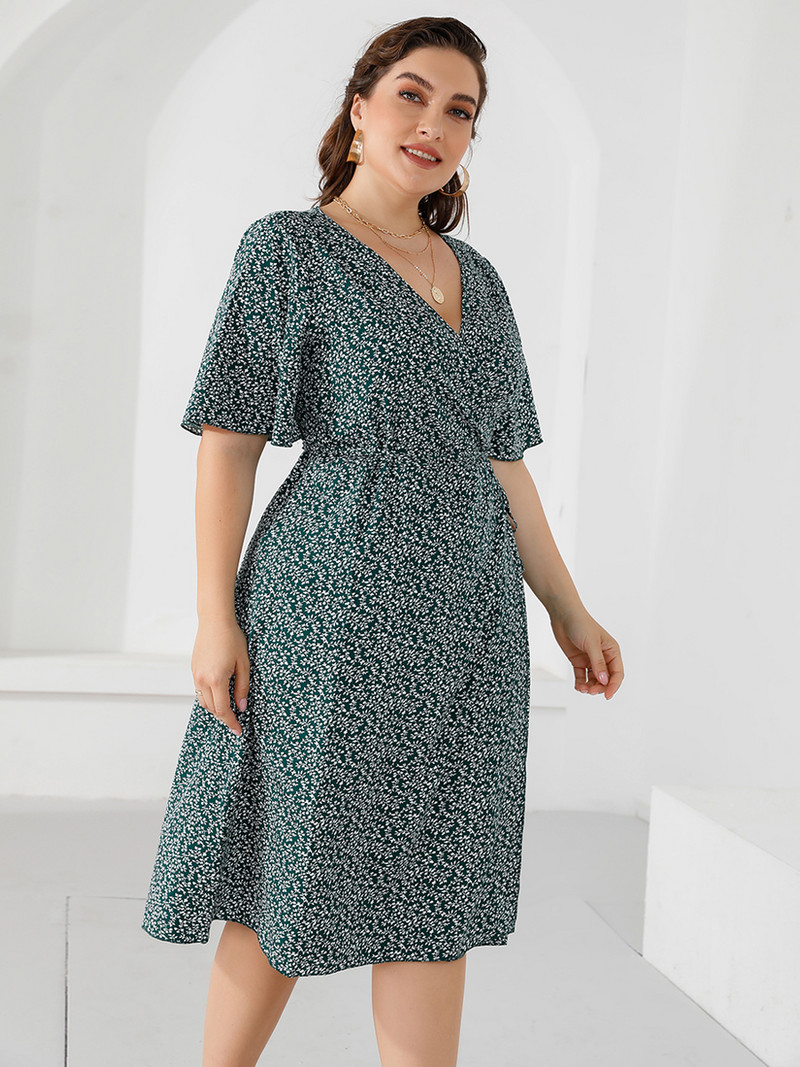 2022-es nyári alkalmi ruha, női, V nyakú, rövid ujjú, virágmintás becsomagolt ruha, nagy méretű maxi hosszú ruhák, nagy méretű női ruhák