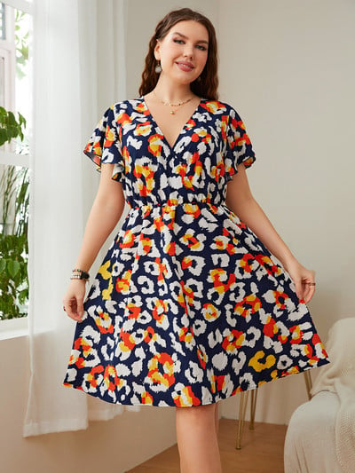 XL-4XL Rochie de mărime mare pentru femei, vara 2022, sexy, cu decolteu în V, cu mâneci scurte, cu imprimeu, Mini rochie linie A, la modă, Îmbrăcăminte supradimensionată pentru femei