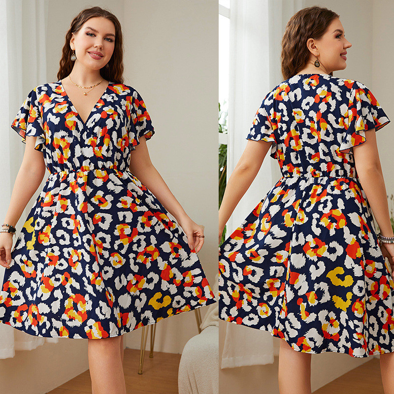 XL-4XL Rochie de mărime mare pentru femei, vara 2022, sexy, cu decolteu în V, cu mâneci scurte, cu imprimeu, Mini rochie linie A, la modă, Îmbrăcăminte supradimensionată pentru femei