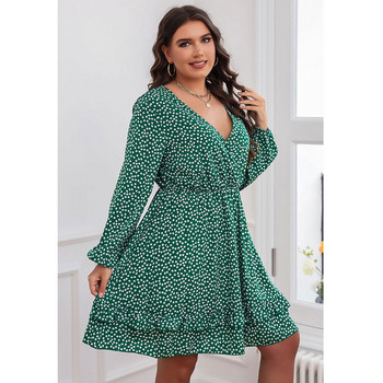 L-4XL Plus Size Φορέματα Γυναικεία μακρυμάνικα Dot Καλοκαιρινά βολάν Midi Γυναικείο φόρεμα μεγάλου μεγέθους casual σέξι V λαιμόκοψη Γυναικεία ρούχα