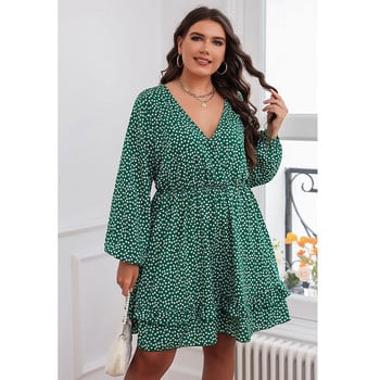 L-4XL Plus Size Φορέματα Γυναικεία μακρυμάνικα Dot Καλοκαιρινά βολάν Midi Γυναικείο φόρεμα μεγάλου μεγέθους casual σέξι V λαιμόκοψη Γυναικεία ρούχα