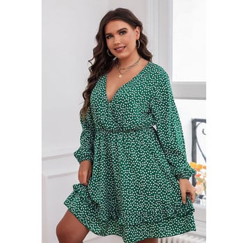 L-4XL Plus Size Φορέματα Γυναικεία μακρυμάνικα Dot Καλοκαιρινά βολάν Midi Γυναικείο φόρεμα μεγάλου μεγέθους casual σέξι V λαιμόκοψη Γυναικεία ρούχα